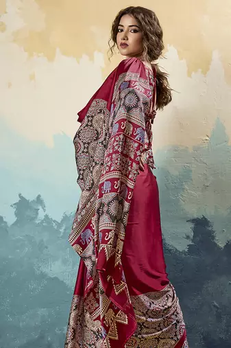 red faux satin printed saree