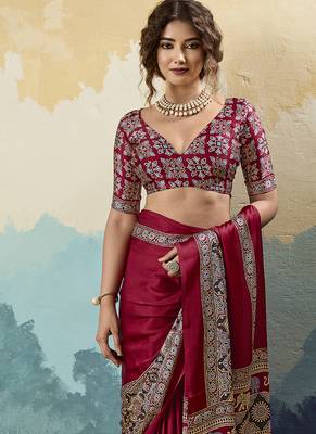 red faux satin printed saree 4