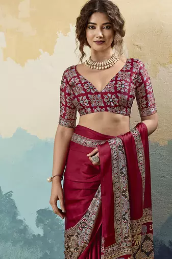 red faux satin printed saree