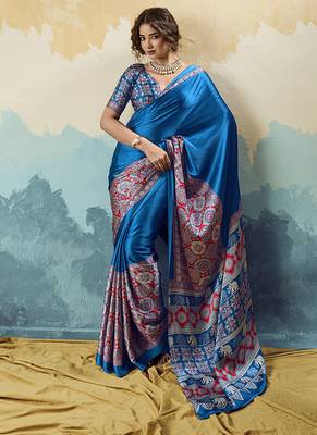 royal blue faux satin printed saree 1