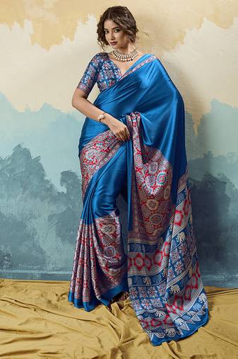royal blue faux satin printed saree