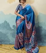 royal blue faux satin printed saree