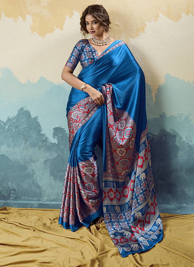 royal blue faux satin printed saree