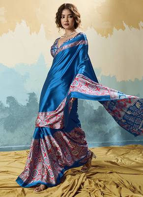 royal blue faux satin printed saree 2