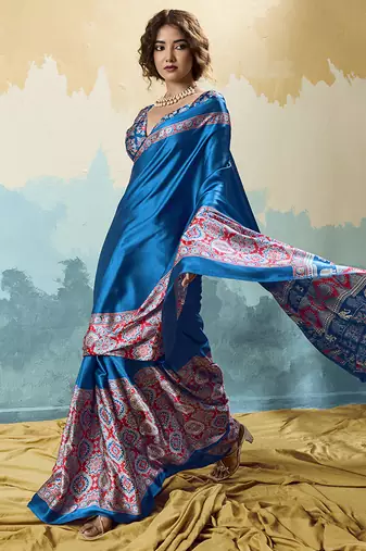 royal blue faux satin printed saree