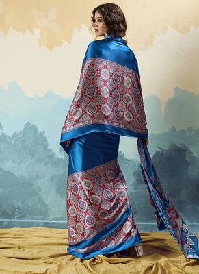 royal blue faux satin printed saree 3