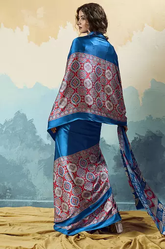 royal blue faux satin printed saree