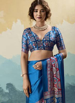royal blue faux satin printed saree 4