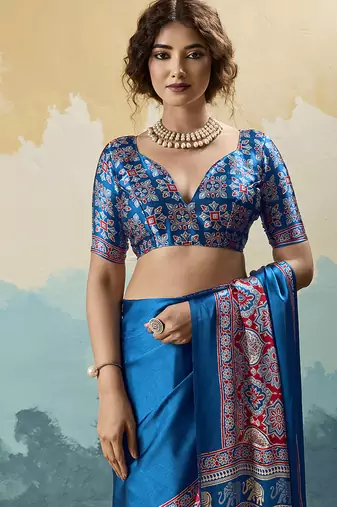 royal blue faux satin printed saree