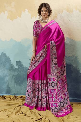 hot pink faux satin printed saree