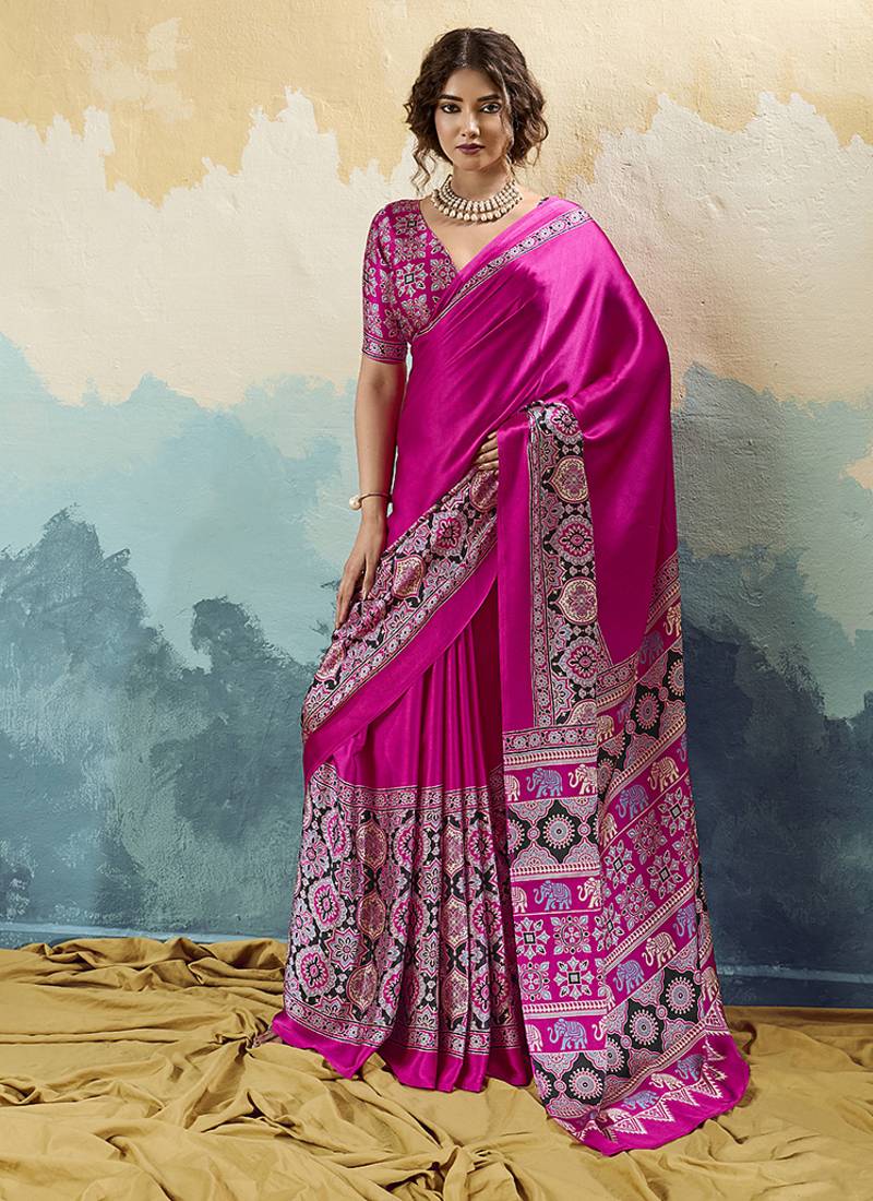hot pink faux satin printed saree