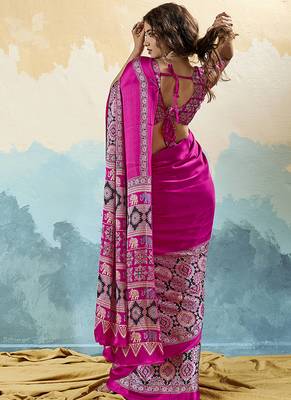hot pink faux satin printed saree 2