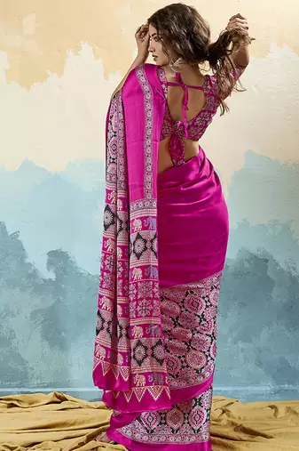 hot pink faux satin printed saree