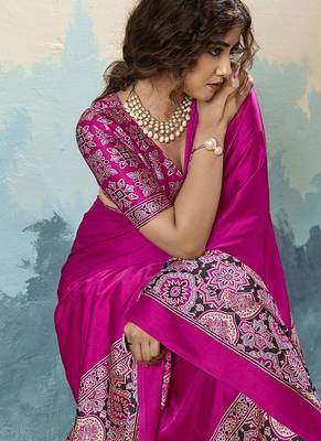 hot pink faux satin printed saree 3