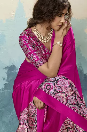 hot pink faux satin printed saree