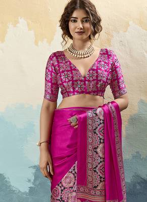 hot pink faux satin printed saree 4