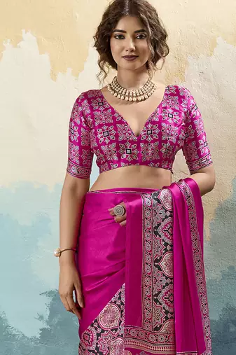 hot pink faux satin printed saree