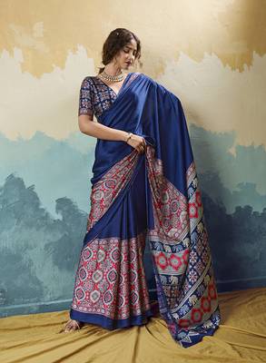 navy blue faux satin printed saree 1
