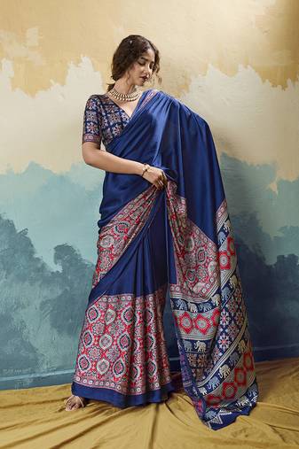 navy blue faux satin printed saree