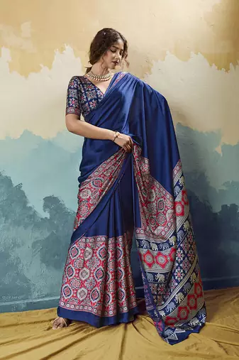 navy blue faux satin printed saree