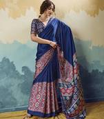 navy blue faux satin printed saree