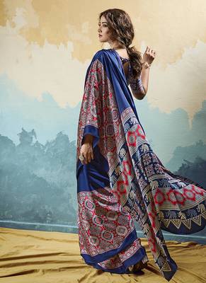 navy blue faux satin printed saree 2