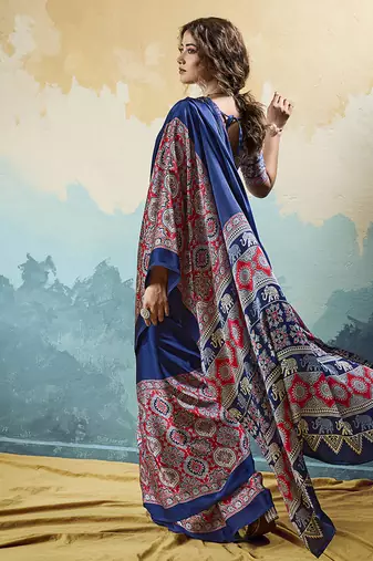 navy blue faux satin printed saree