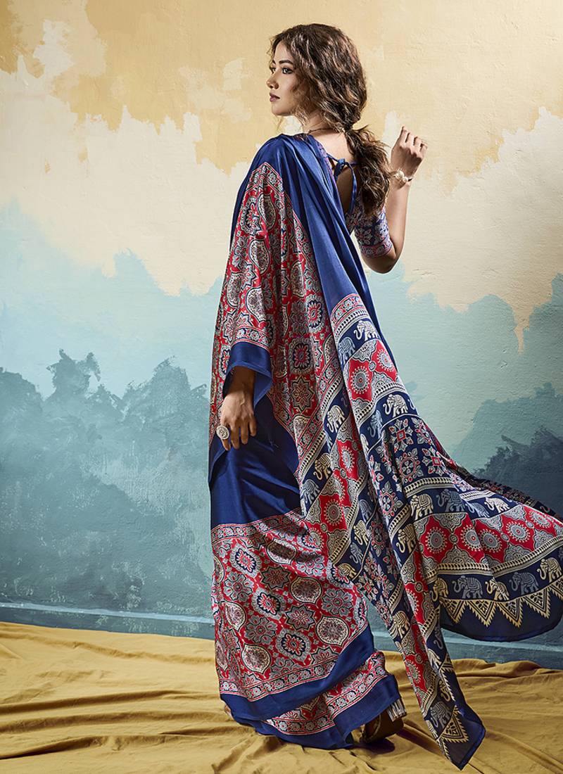 navy blue faux satin printed saree