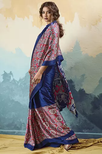 navy blue faux satin printed saree