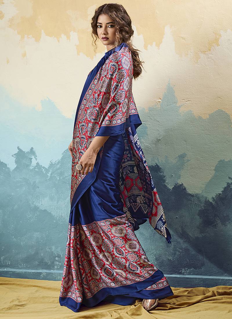 navy blue faux satin printed saree