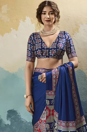 navy blue faux satin printed saree