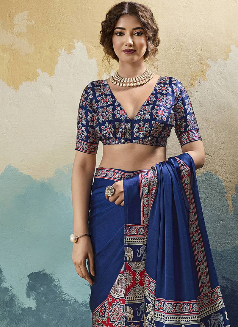 navy blue faux satin printed saree