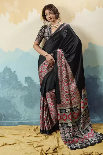 black faux satin printed saree