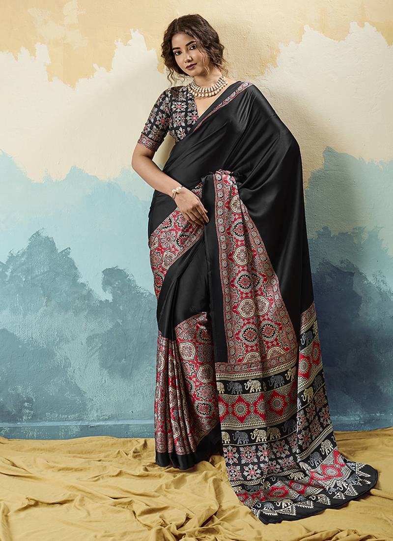 black faux satin printed saree