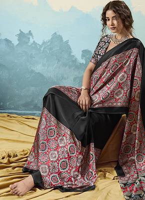 black faux satin printed saree 3
