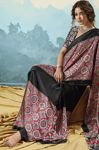 black faux satin printed saree