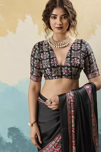 black faux satin printed saree