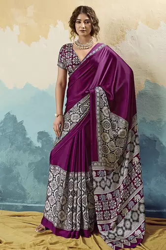 wine faux satin printed saree