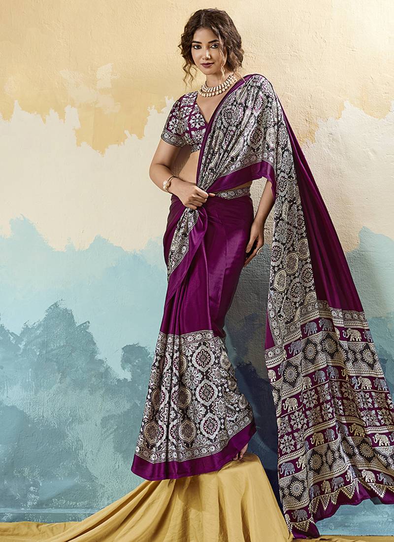 wine faux satin printed saree