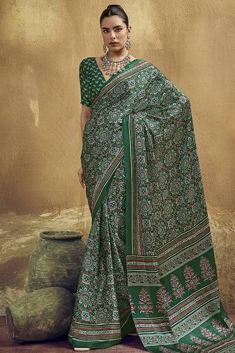 Green faux satin printed ajrakh saree with rich  border print