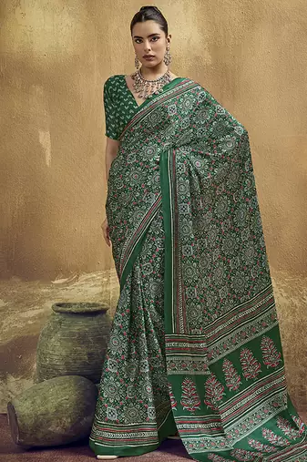 green faux satin printed saree