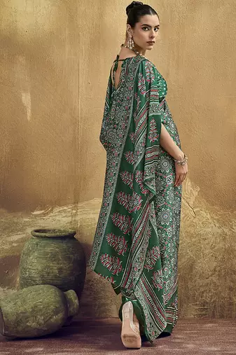 green faux satin printed saree