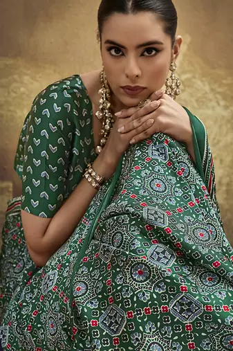 green faux satin printed saree