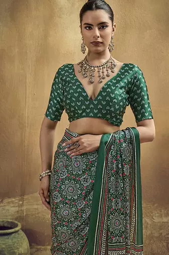 green faux satin printed saree