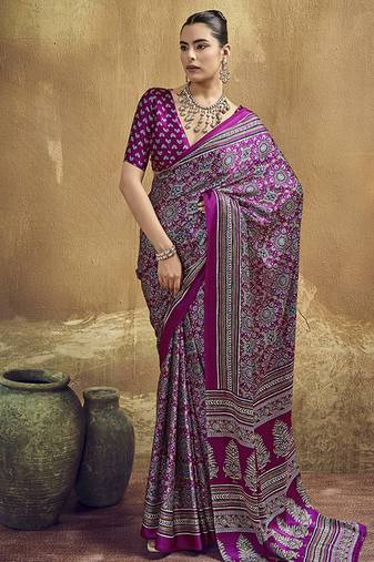 Magenta faux satin printed ajrakh saree with rich  border print