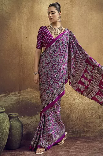 magenta faux satin printed saree