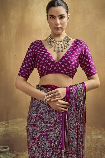 magenta faux satin printed saree