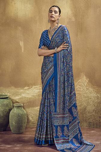 Royal blue faux satin printed ajrakh saree with rich  border print