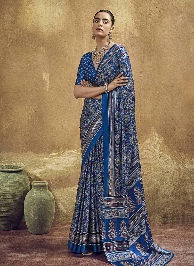 royal blue faux satin printed saree
