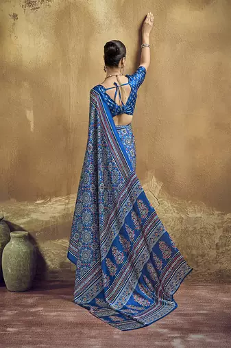 royal blue faux satin printed saree